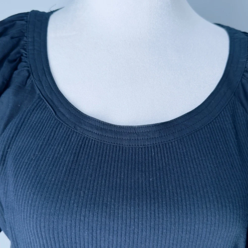 J. Crew Ribbed Scoop Neck Puff Sleeve Navy Top Size Medium
